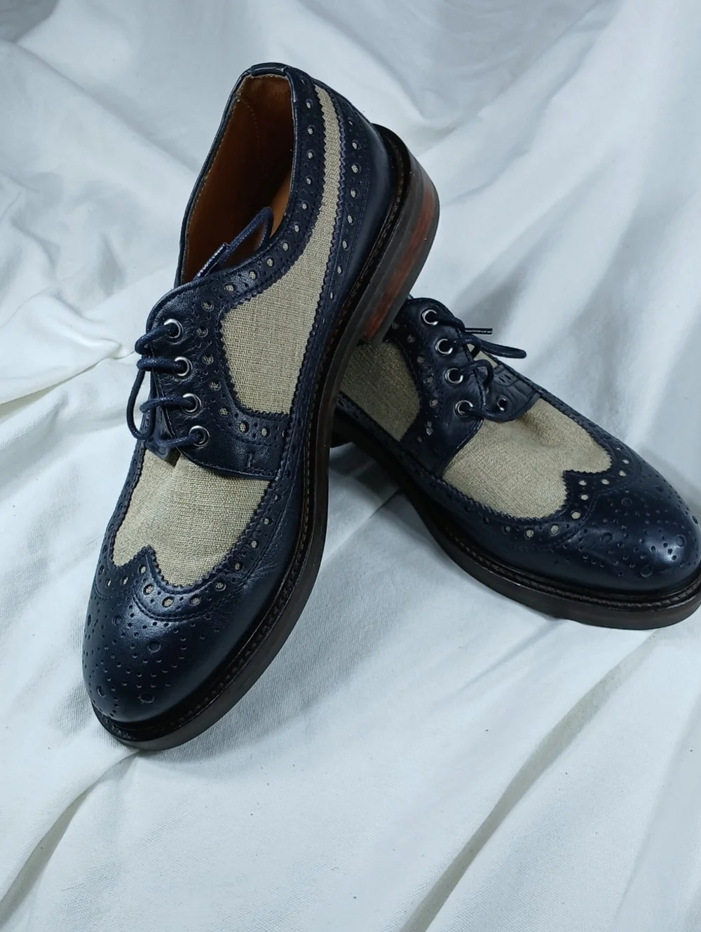 Zara Navy Leather and Beige Canvas Wingtip Derbys